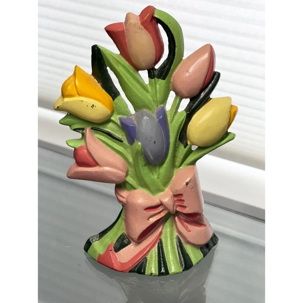 Vintage Cast Iron Door Stop Tulip Bouquet Flowers Mom Gift Country Décor 9